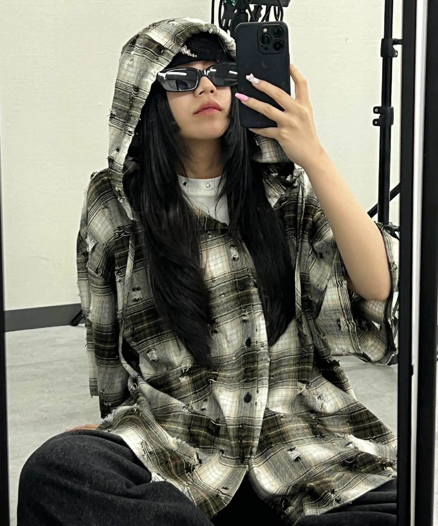 ダメージフード半袖チェックシャツ