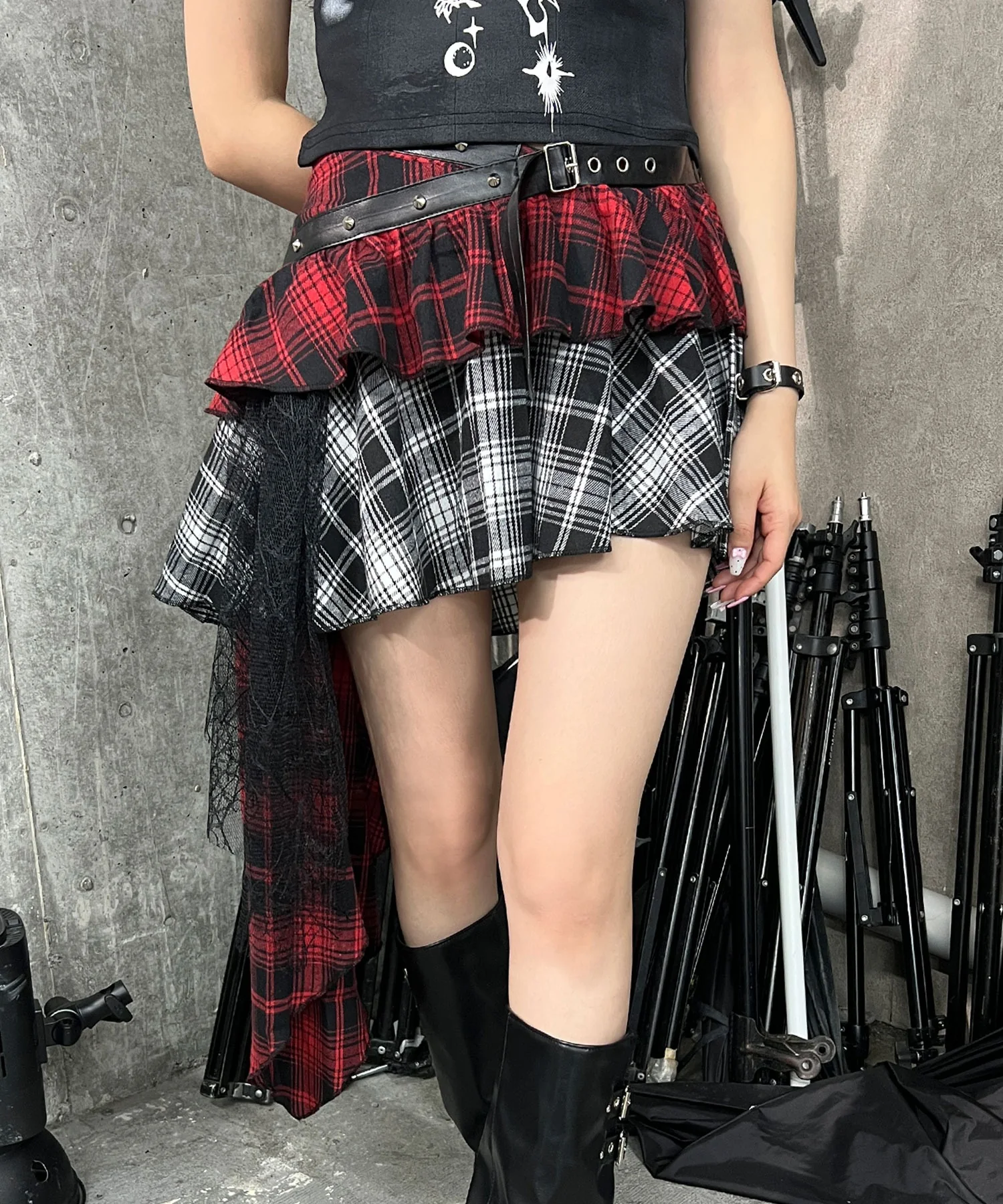 パンクレイヤードチェックイレヘムスカート
