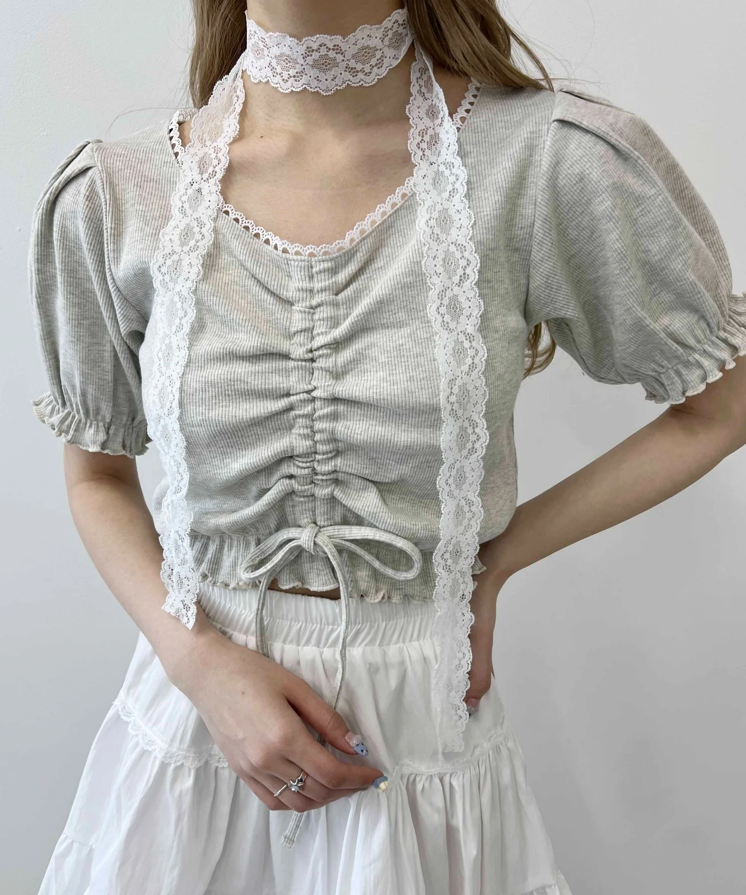 レースパイピング半袖トップス - Image 4