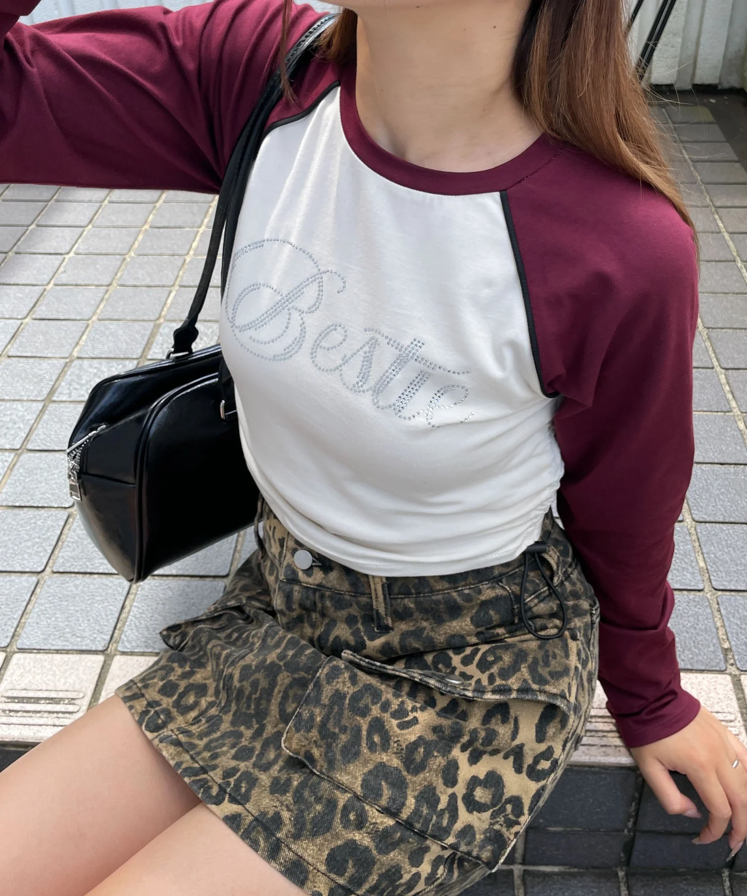 ラインストーンサイドドロストラグランロンT